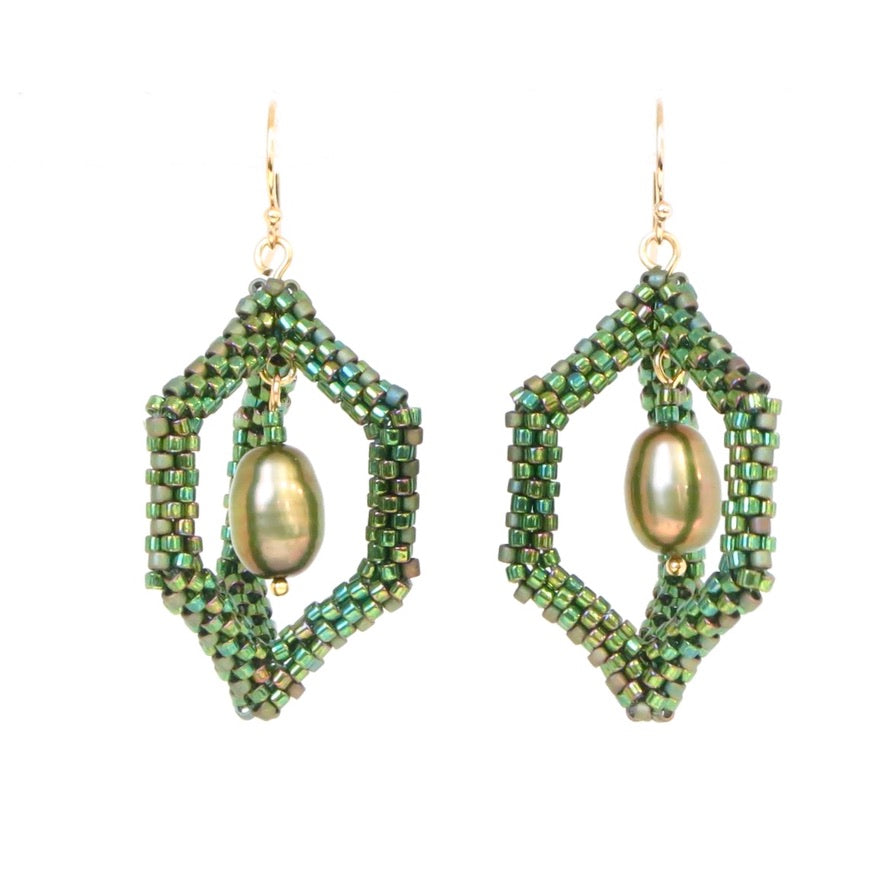 Open Hexagonal Earrings with Pearl Drop