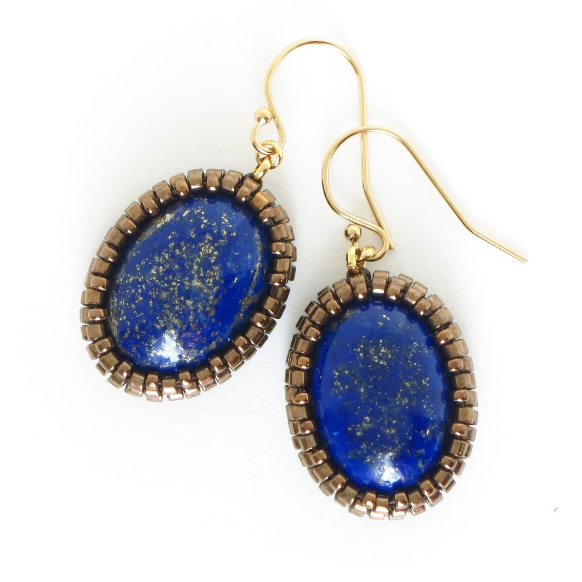 Oval Lapis Lazuli Cabochon Earrings with Bronze Beads