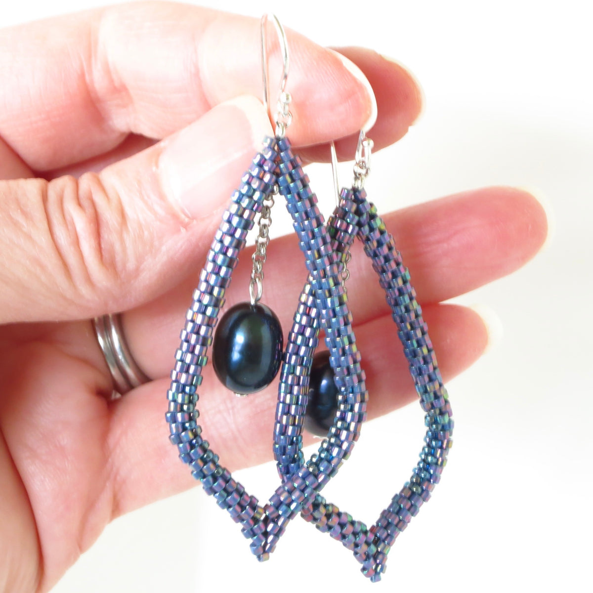 Elongated Teardrop Earrings with pearl drop