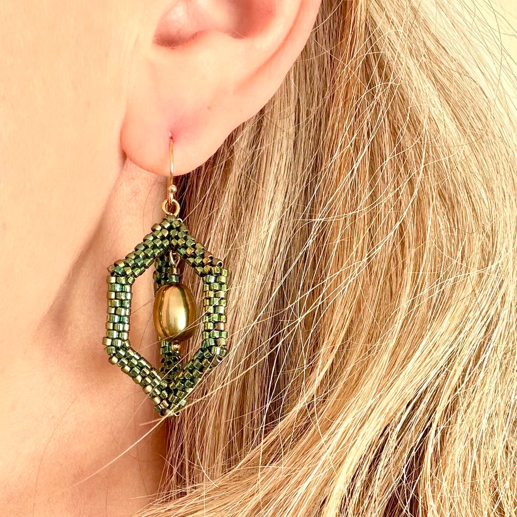Open Hexagonal Earrings with Pearl Drop