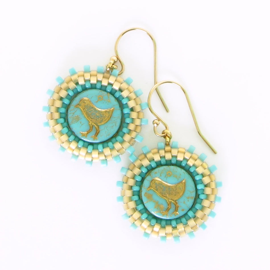 Czech Glass Coin Earrings--Birds & Bees