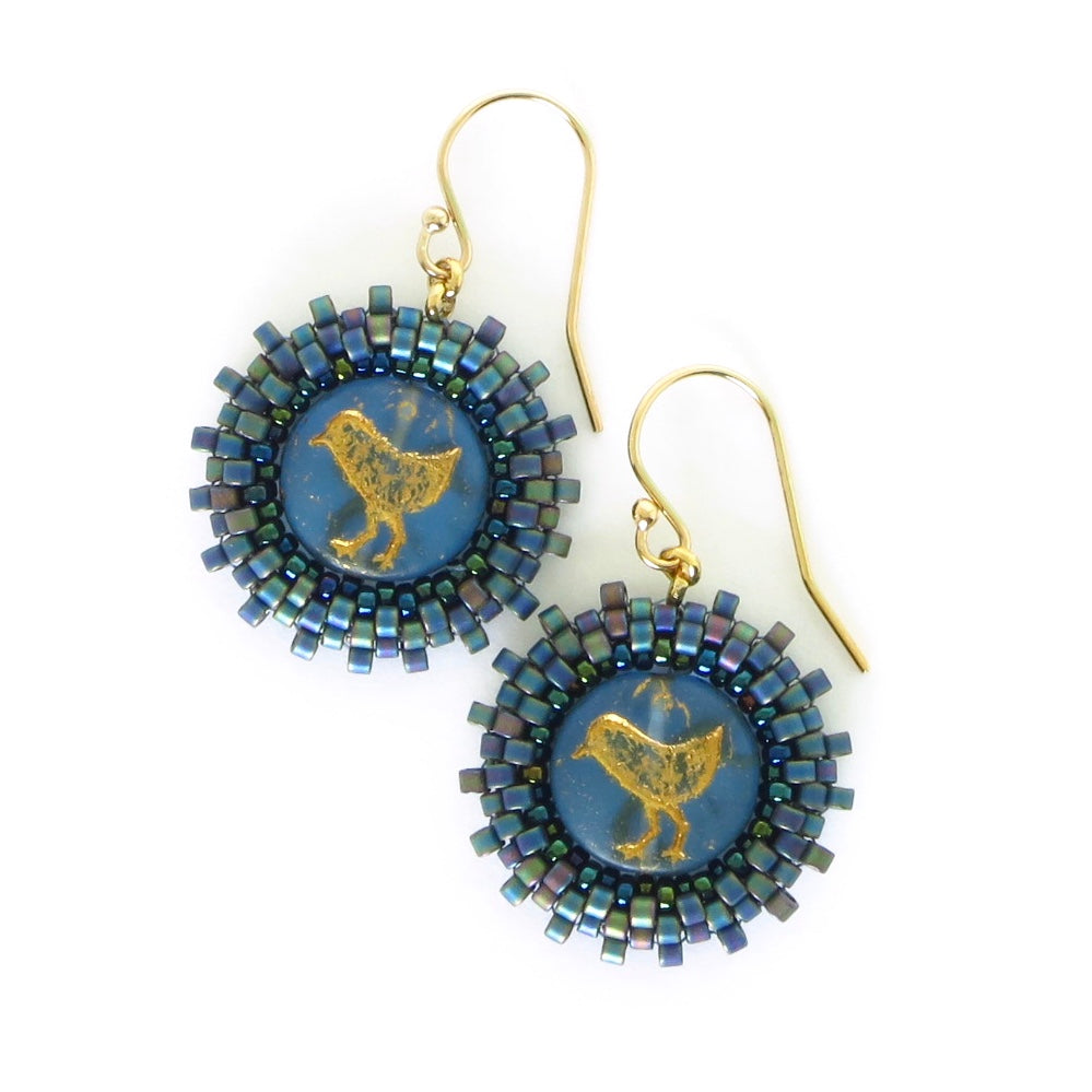 Czech Glass Coin Earrings--Birds & Bees