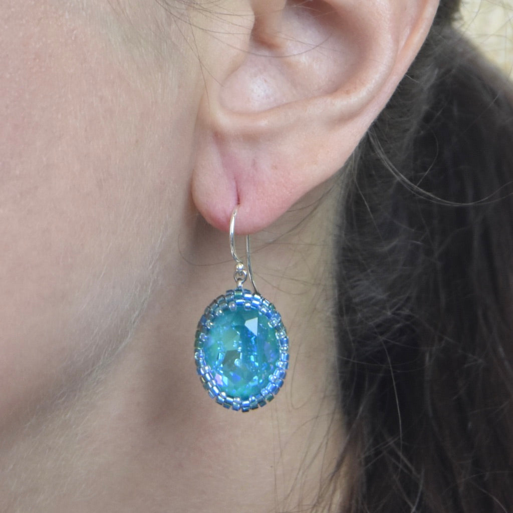 Oval Fancy Stone Bead Bezeled Earrings